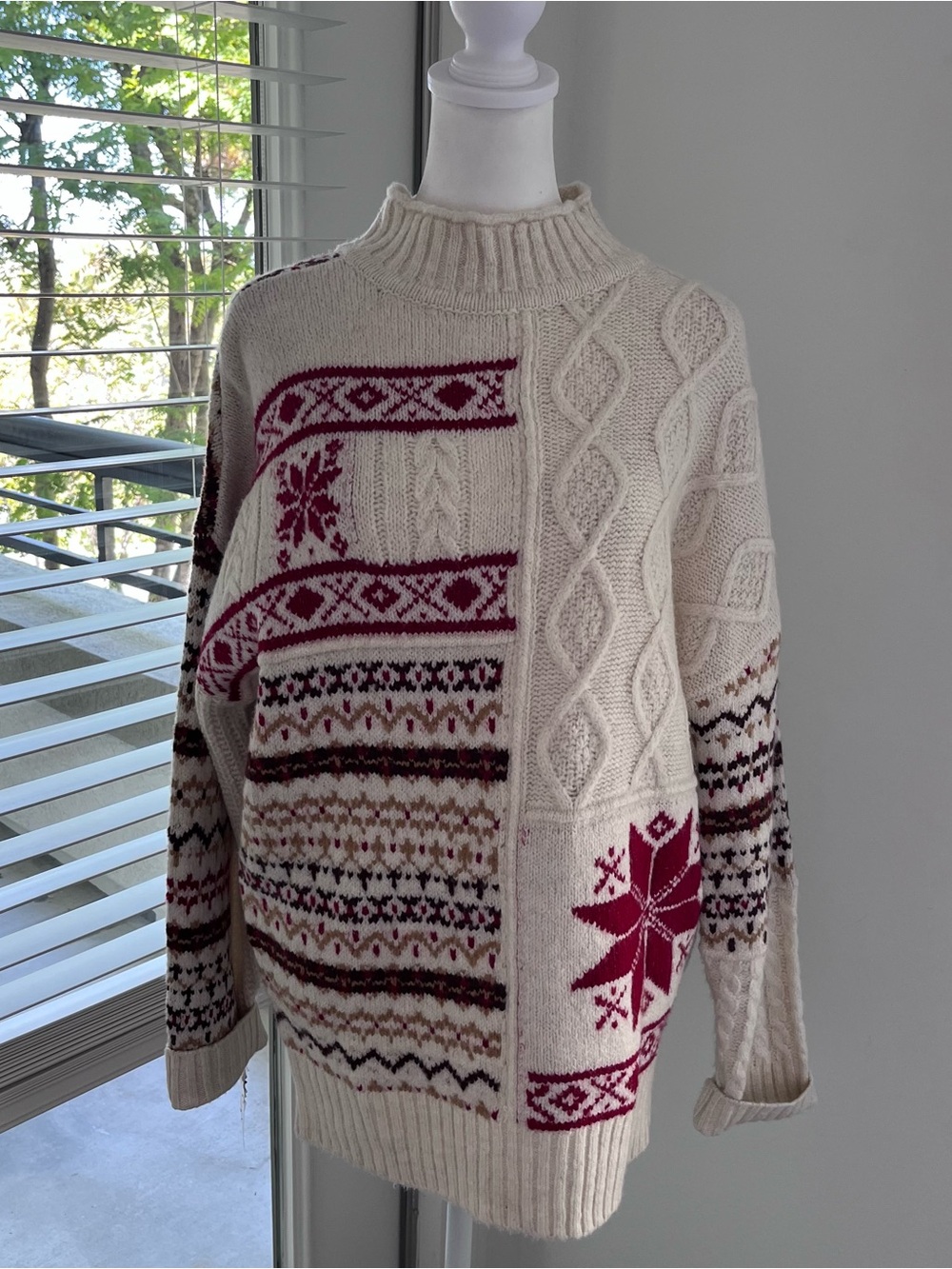 American Eagle Outfitters Cream Sweater with Burgundy Fair Isle Accents